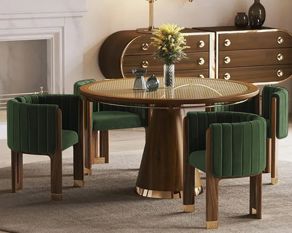 HMR Velvet Fluted Upholstered Accent Chair with Wood Frame (Set of 4) - Green