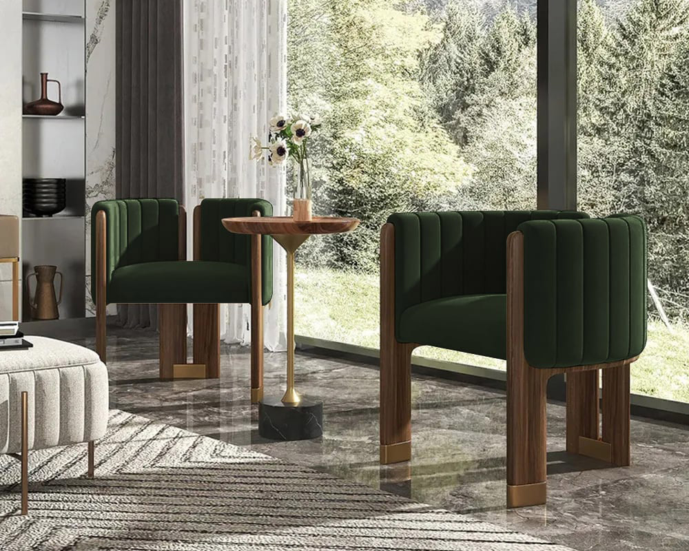 HMR Velvet Fluted Upholstered Accent Chair with Wood Frame (Set of 4) - Green