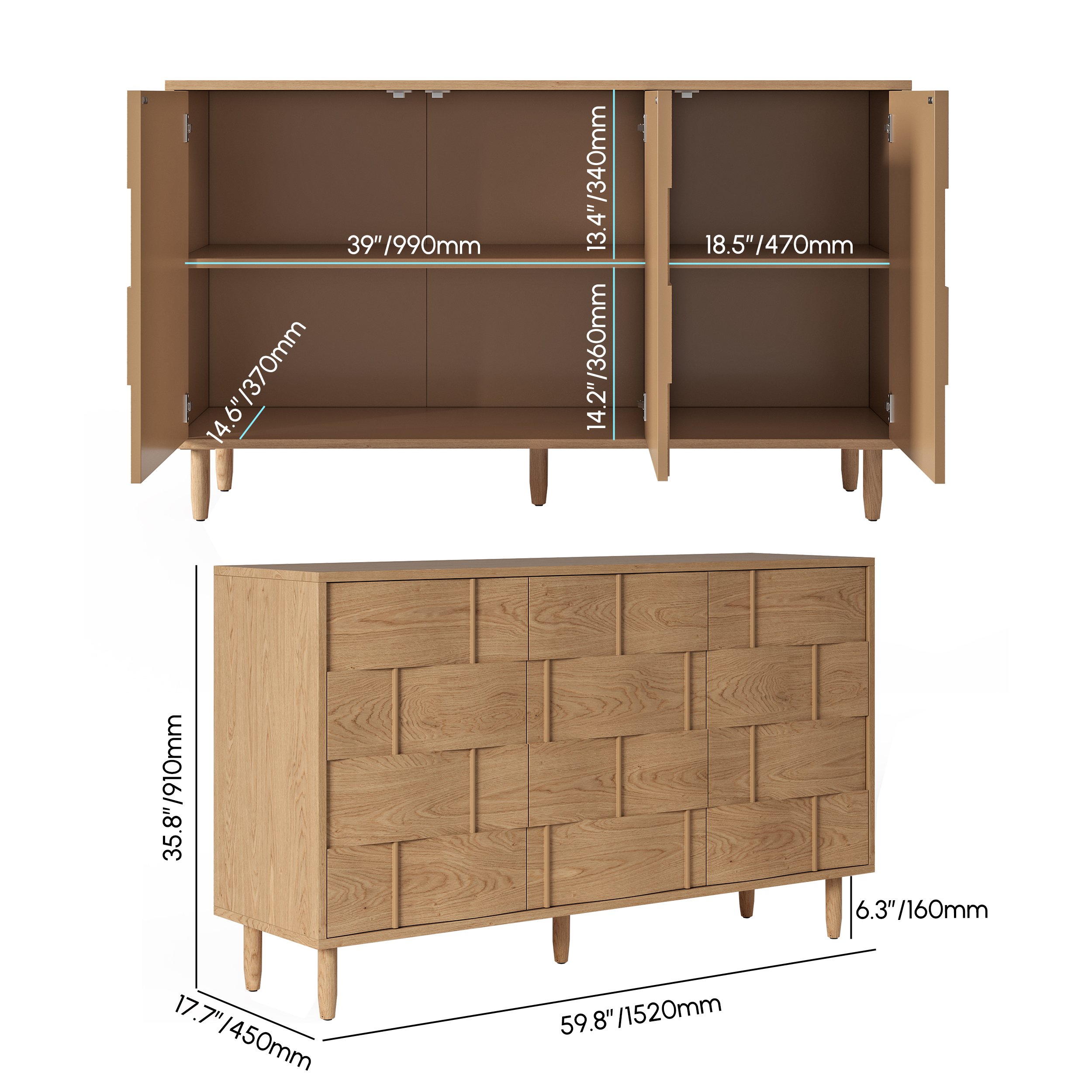 HMR - 60"W Sideboard Kitchen Buffet Table with 3 Doors & 2 Shelves