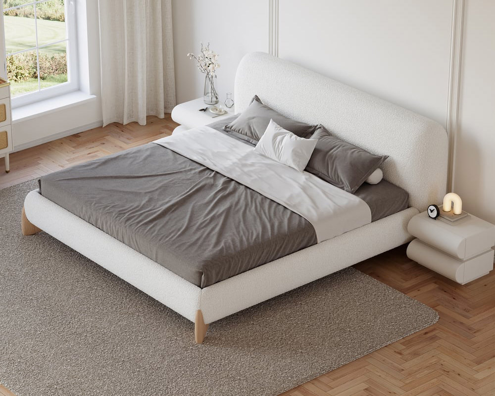 HMR Curva Boucle Queen Upholstered Platform Bed with Natural Legs - White, 60"Wx 80"L, Natural