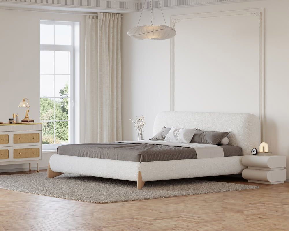 HMR Curva Boucle Queen Upholstered Platform Bed with Natural Legs - White, 60"Wx 80"L, Natural