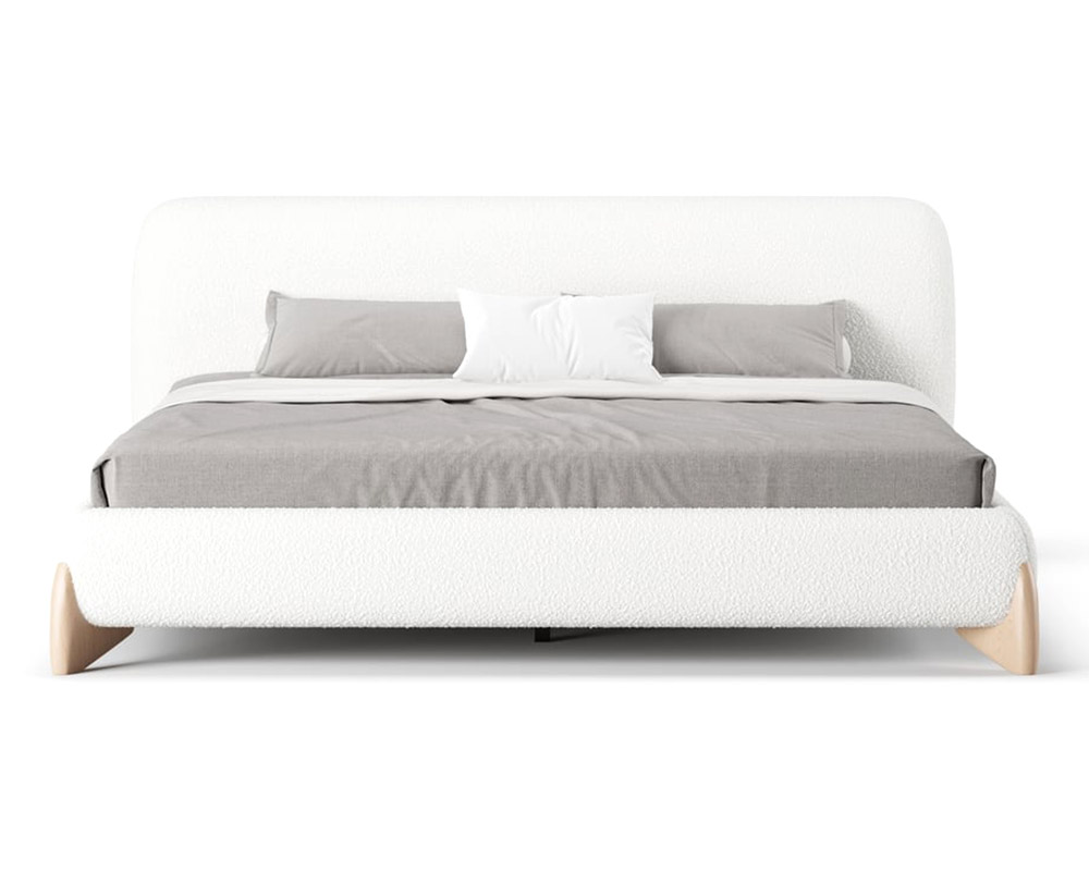 HMR Curva Boucle Queen Upholstered Platform Bed with Natural Legs - White, 60"Wx 80"L, Natural