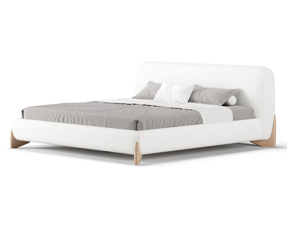HMR Curva Boucle Queen Upholstered Platform Bed with Natural Legs - White, 60"Wx 80"L, Natural