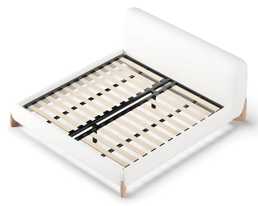 HMR Curva Boucle Queen Upholstered Platform Bed with Natural Legs - White, 60"Wx 80"L, Natural