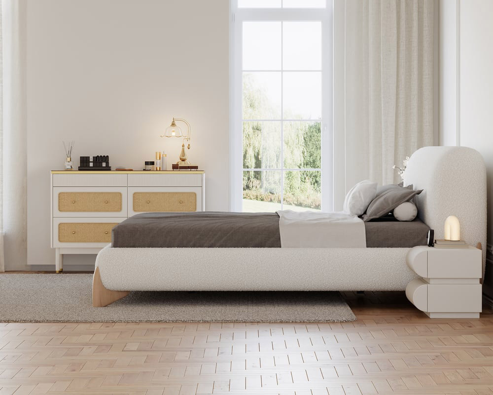 HMR Curva Boucle Queen Upholstered Platform Bed with Natural Legs - White, 60"Wx 80"L, Natural