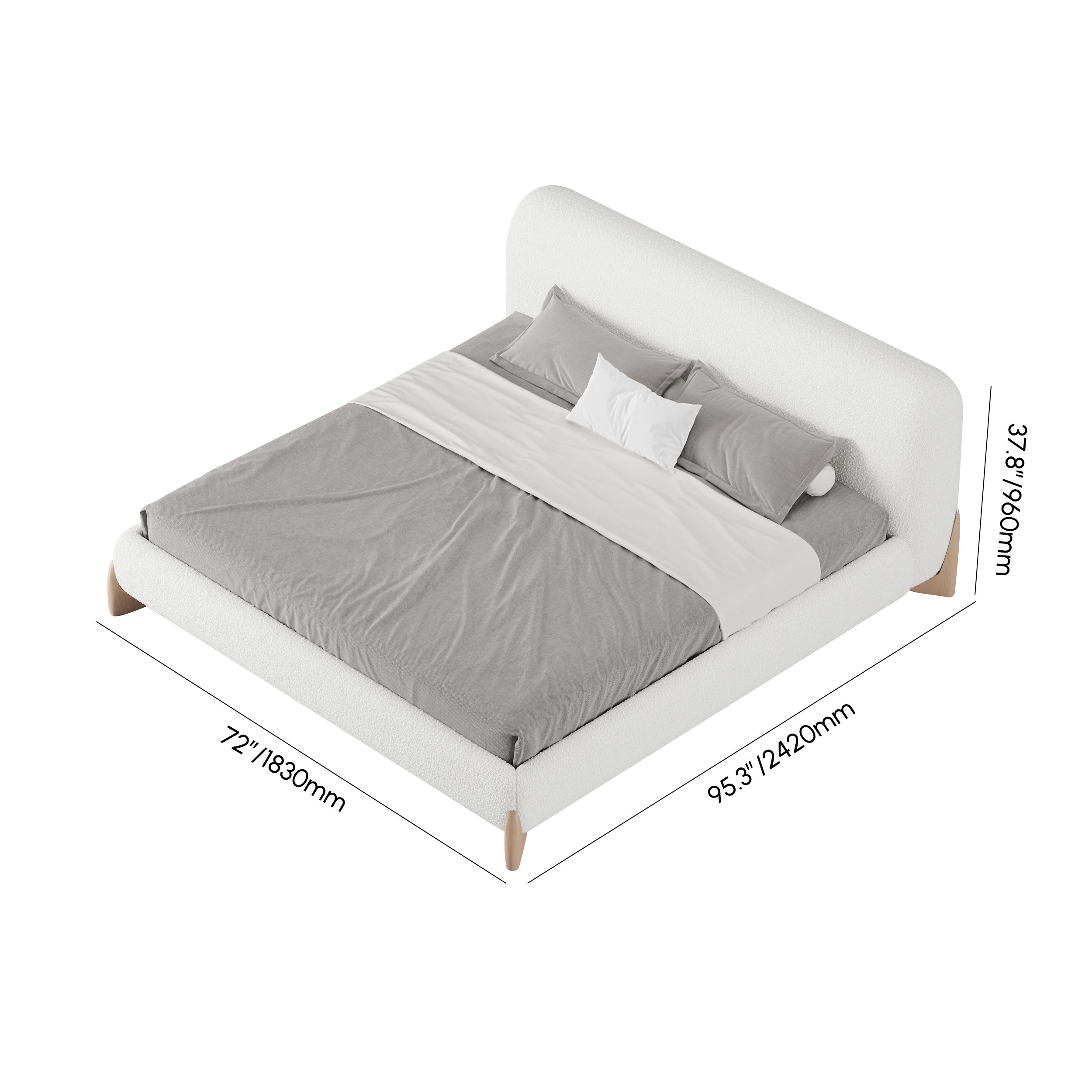 HMR Curva Boucle Queen Upholstered Platform Bed with Natural Legs - White, 60"Wx 80"L, Natural