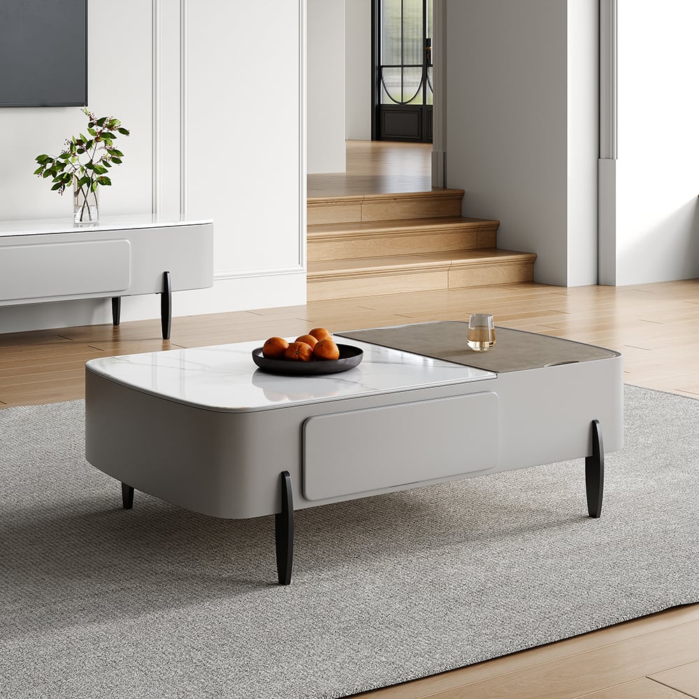 HMR - Galure Modern Light Gray Faux Marble Leather Lift Top Coffee Table with Storage