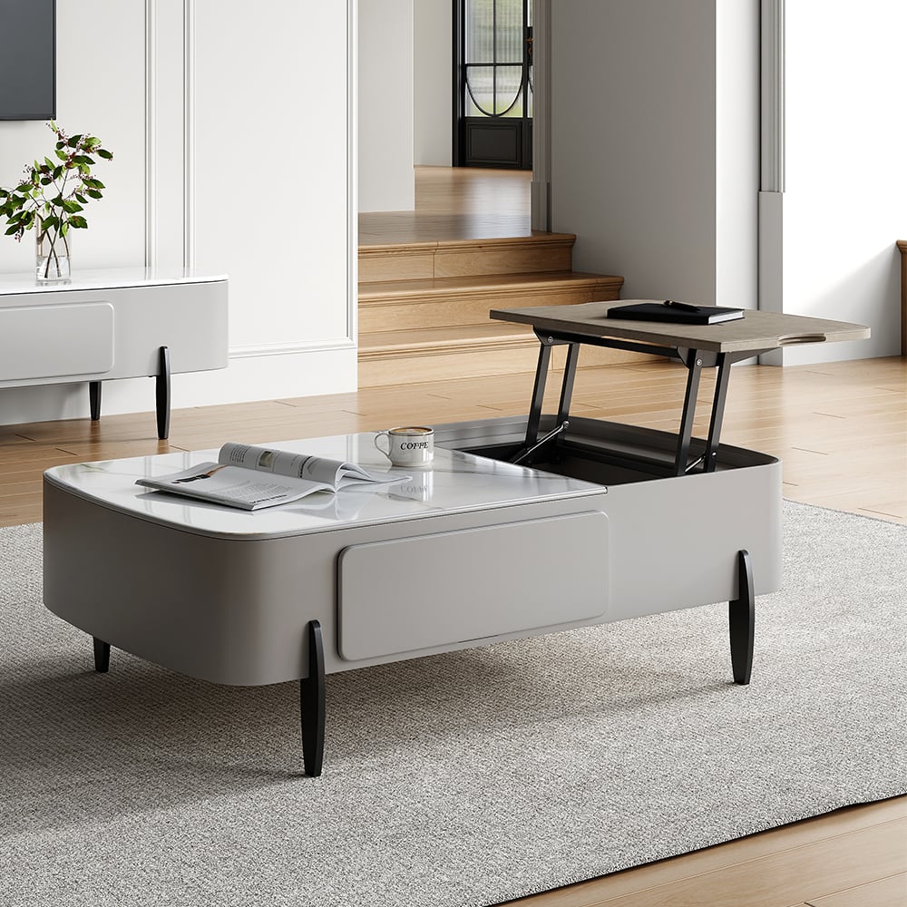 HMR - Galure Modern Light Gray Faux Marble Leather Lift Top Coffee Table with Storage