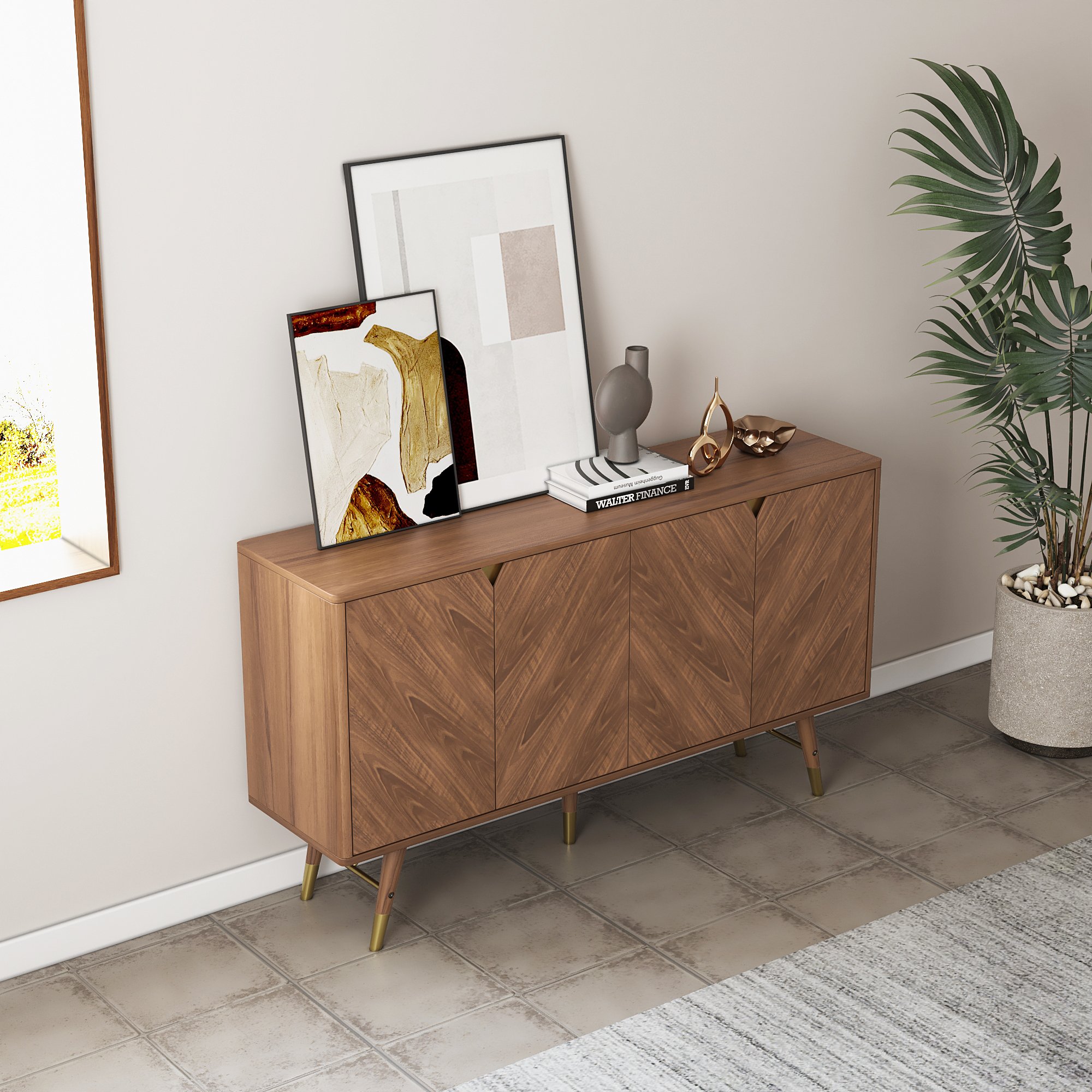 HMR - Capet Mid-Century 63" Walnut Sideboard Buffet 4-Door Kitchen Cabinet Adjustable Shelves