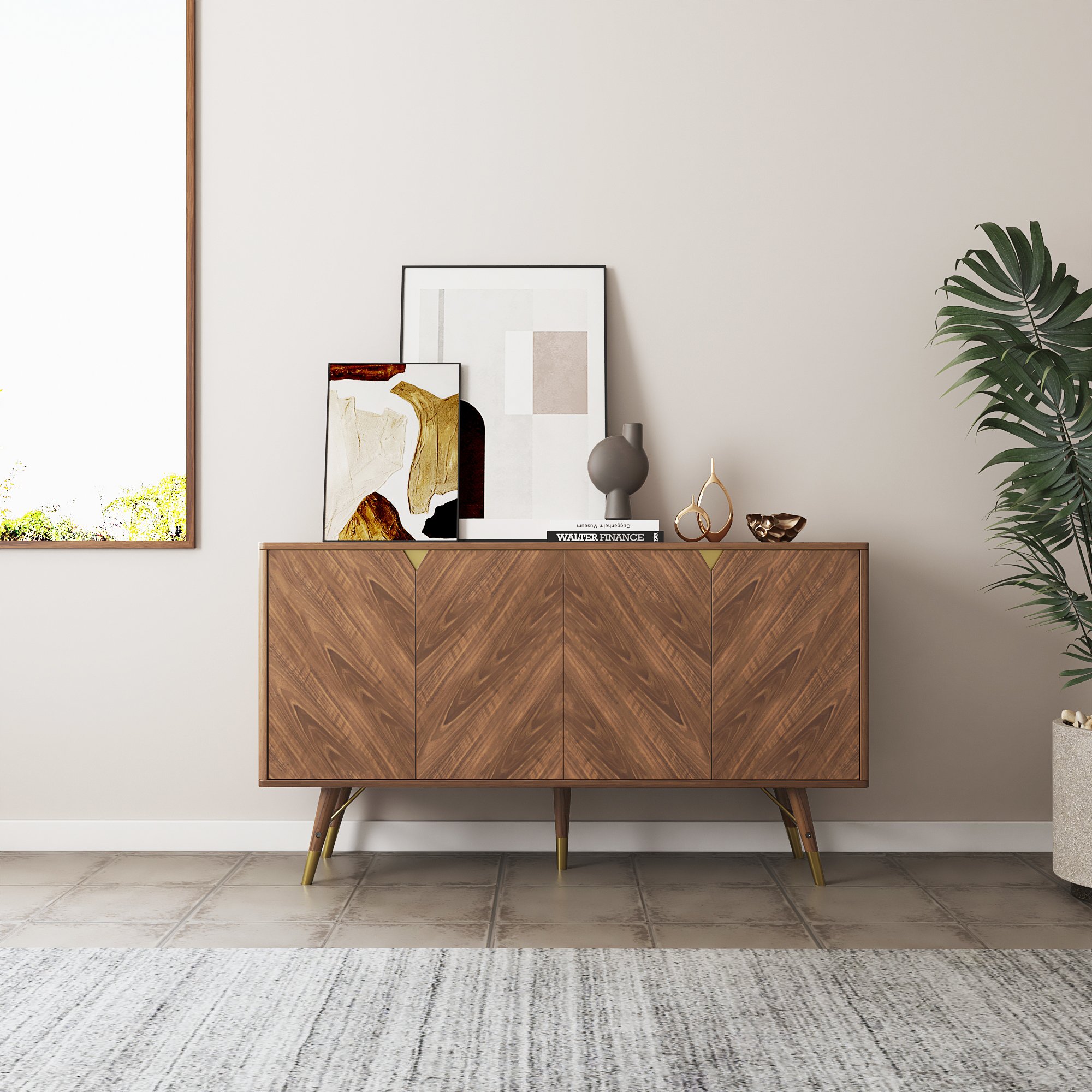 HMR - Capet Mid-Century 63" Walnut Sideboard Buffet 4-Door Kitchen Cabinet Adjustable Shelves