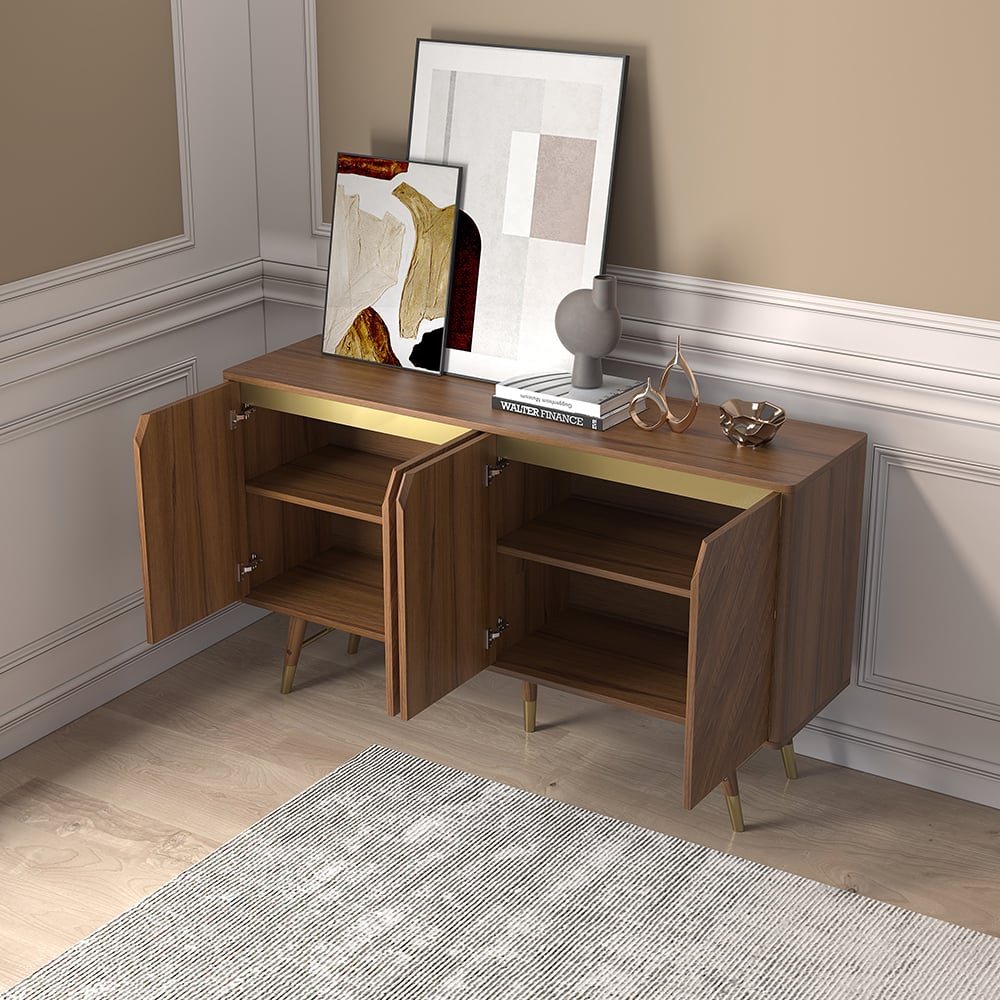 HMR - Capet Mid-Century 63" Walnut Sideboard Buffet 4-Door Kitchen Cabinet Adjustable Shelves
