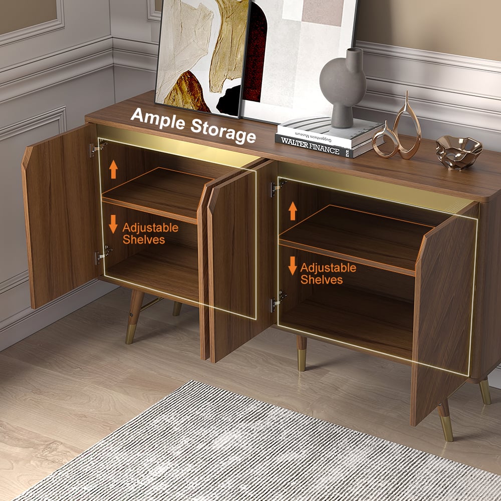 HMR - Capet Mid-Century 63" Walnut Sideboard Buffet 4-Door Kitchen Cabinet Adjustable Shelves