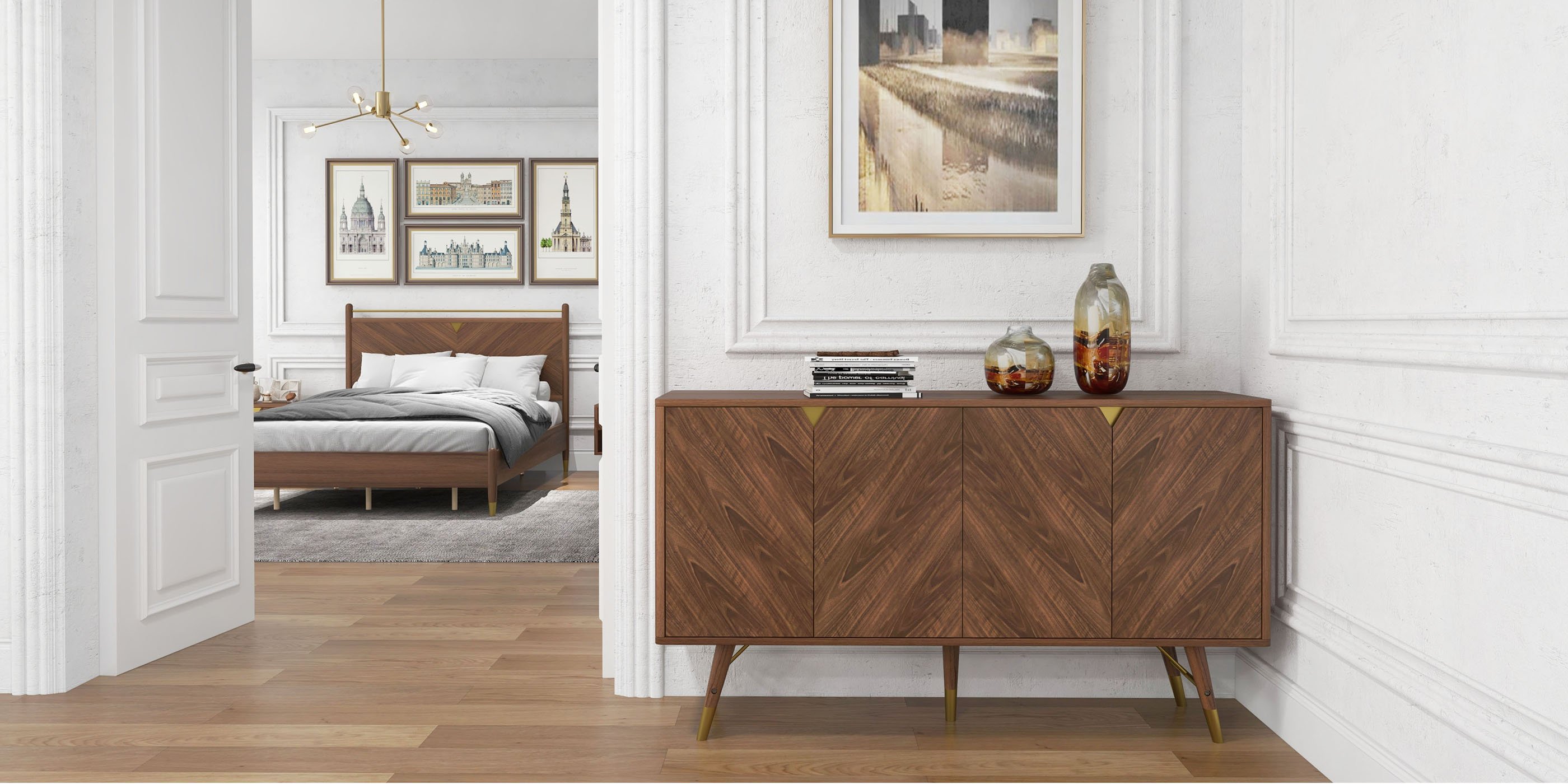 HMR - Capet Mid-Century 63" Walnut Sideboard Buffet 4-Door Kitchen Cabinet Adjustable Shelves
