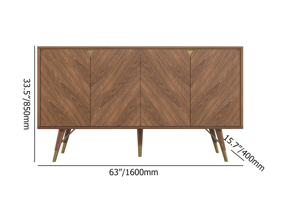 HMR - Capet Mid-Century 63" Walnut Sideboard Buffet 4-Door Kitchen Cabinet Adjustable Shelves
