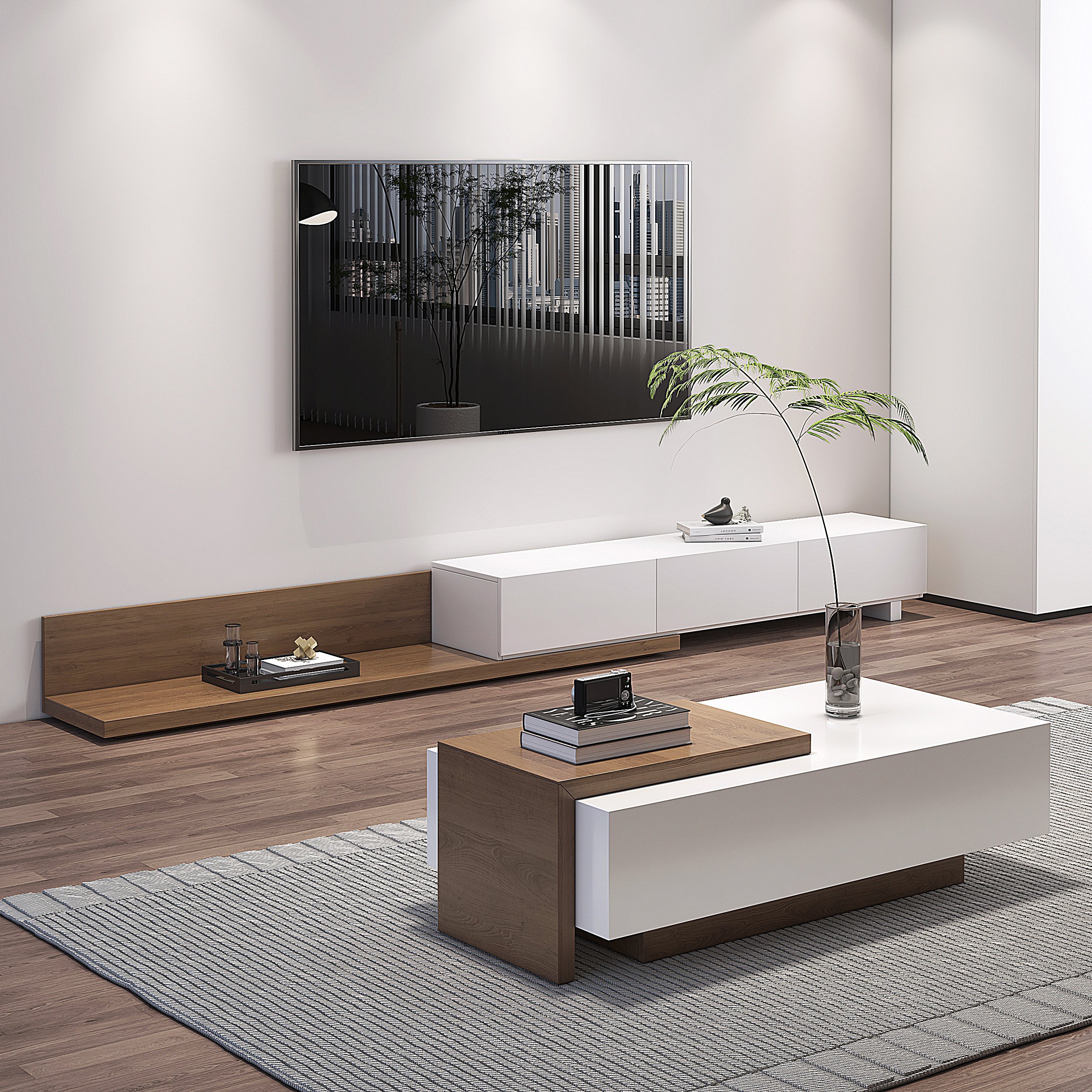 HMR - White & Walnut Extendable Rectangle Coffee Table with Drawer & Sliding Storage