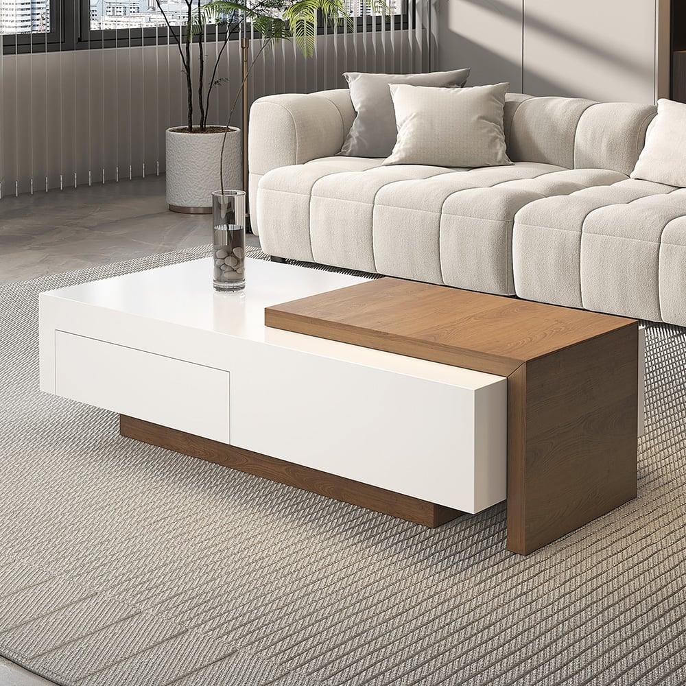 HMR - White & Walnut Extendable Rectangle Coffee Table with Drawer & Sliding Storage