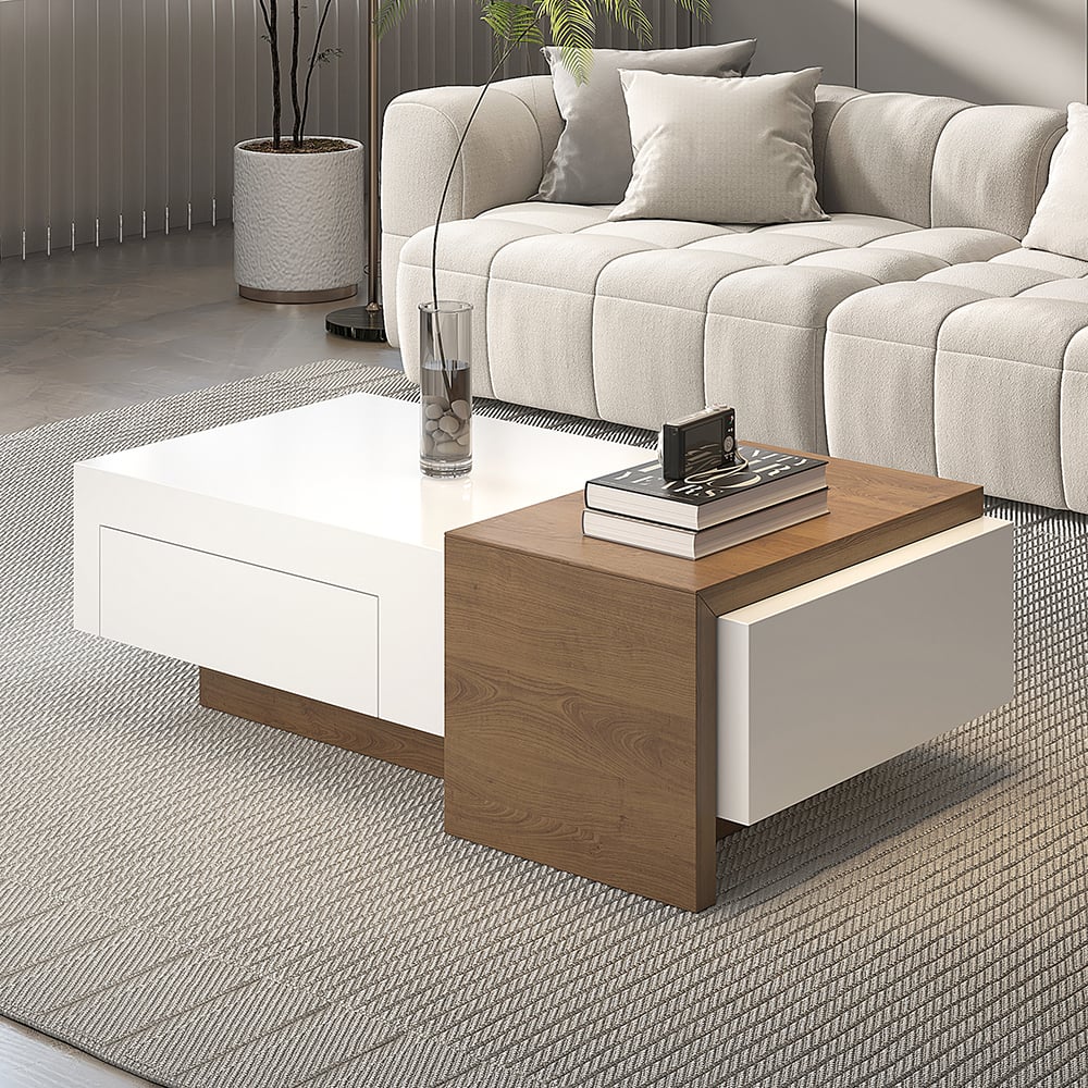 HMR - White & Walnut Extendable Rectangle Coffee Table with Drawer & Sliding Storage