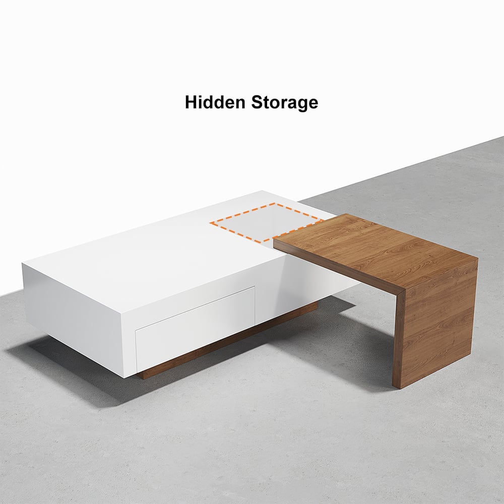 HMR - White & Walnut Extendable Rectangle Coffee Table with Drawer & Sliding Storage