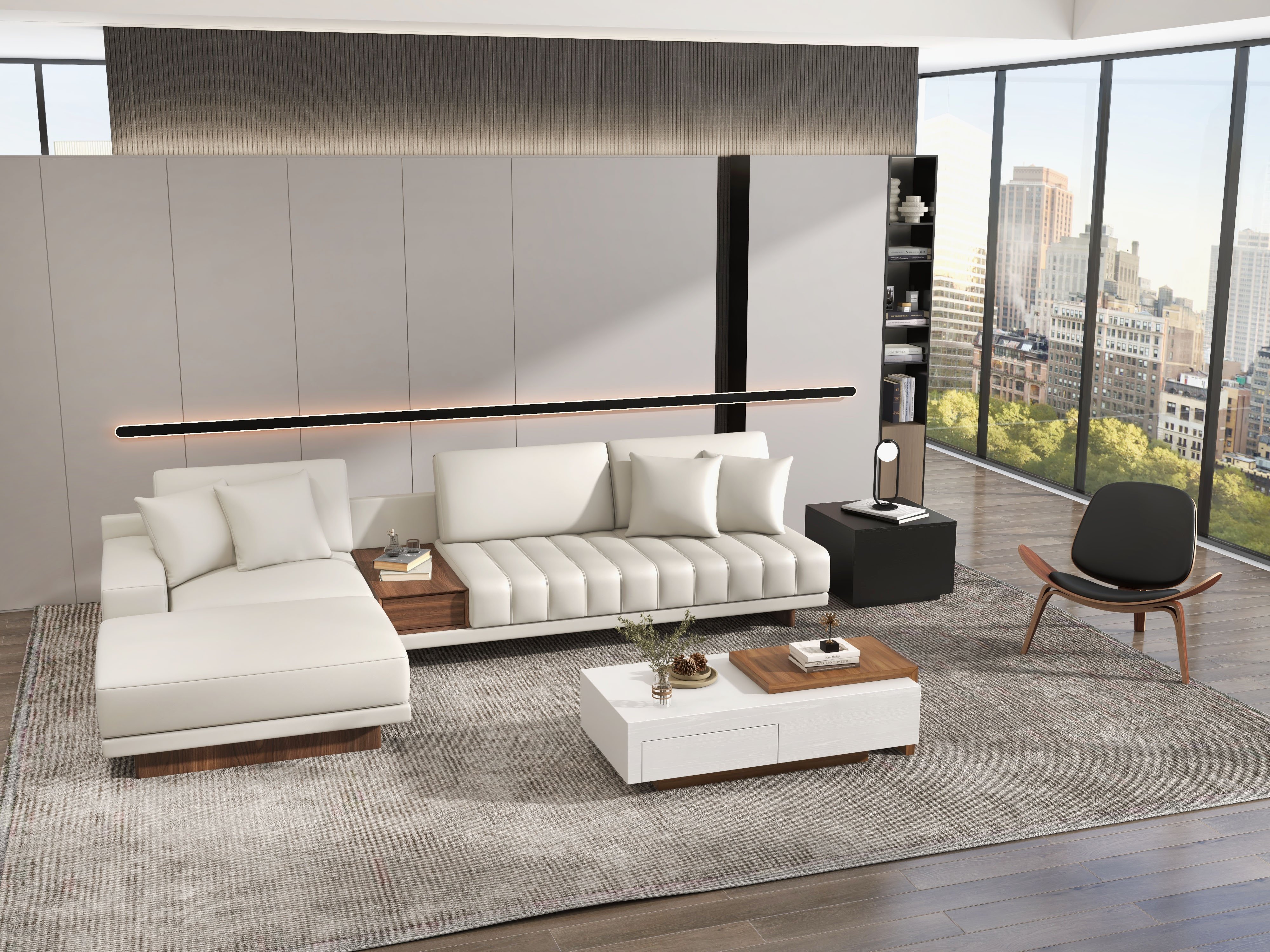HMR - White & Walnut Extendable Rectangle Coffee Table with Drawer & Sliding Storage