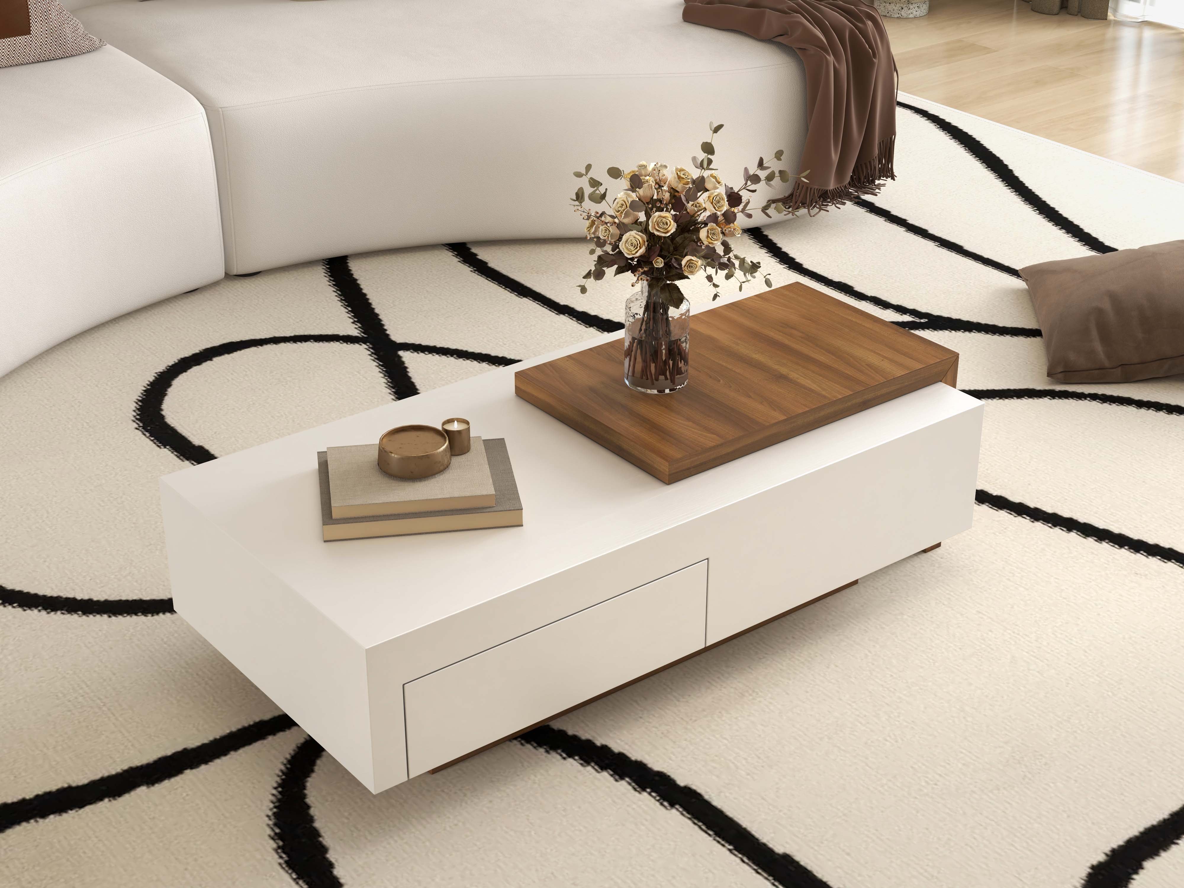 HMR - White & Walnut Extendable Rectangle Coffee Table with Drawer & Sliding Storage