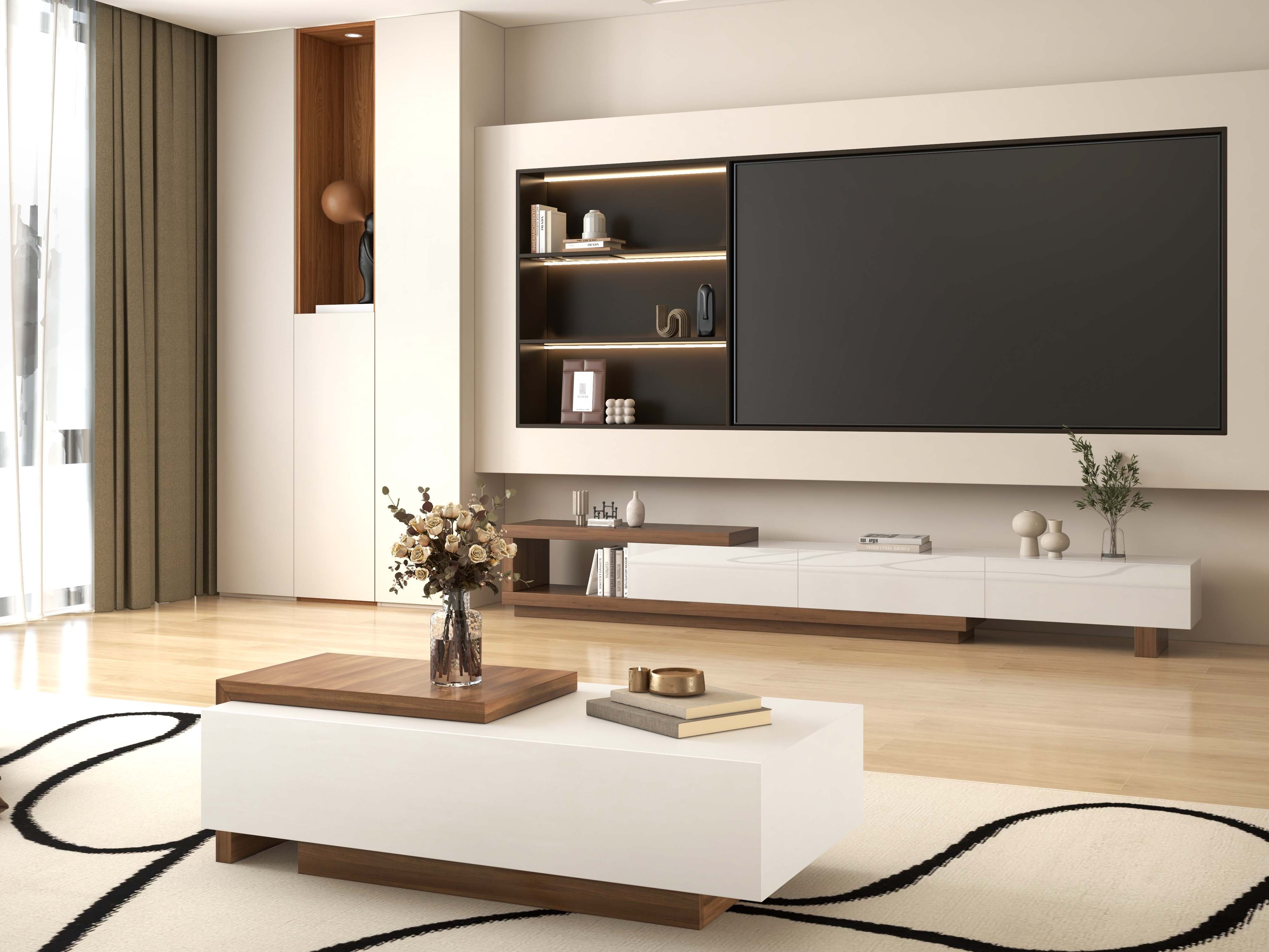 HMR - White & Walnut Extendable Rectangle Coffee Table with Drawer & Sliding Storage
