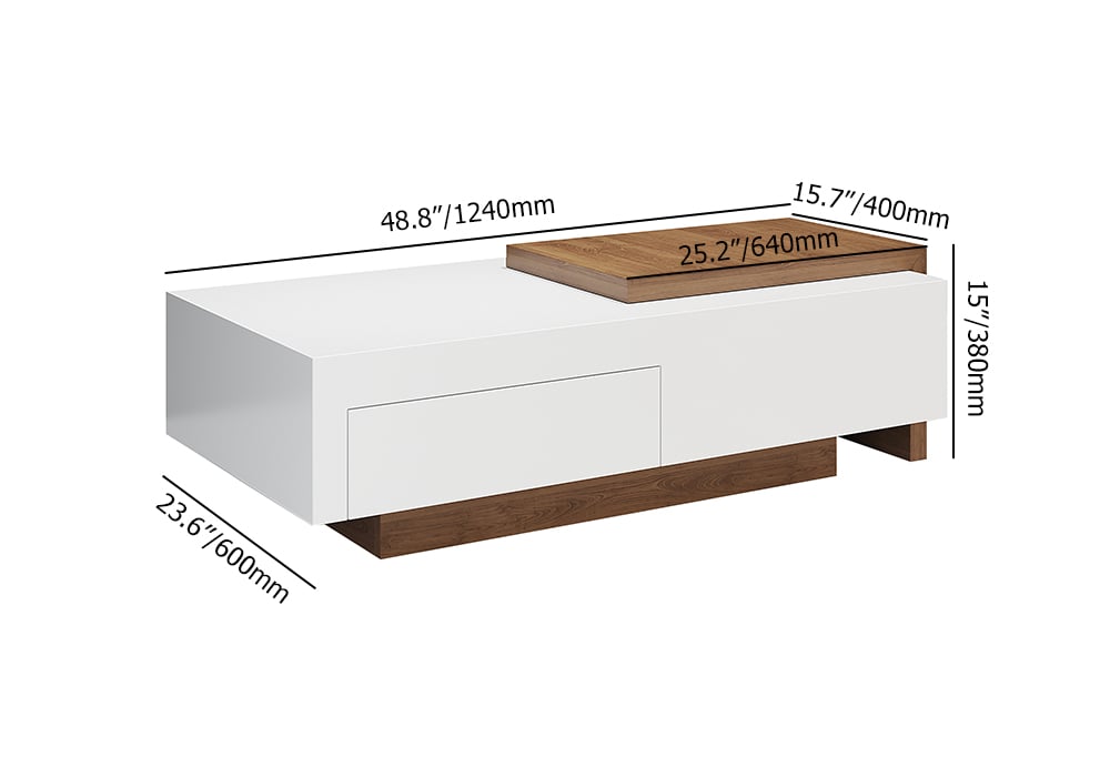 HMR - White & Walnut Extendable Rectangle Coffee Table with Drawer & Sliding Storage