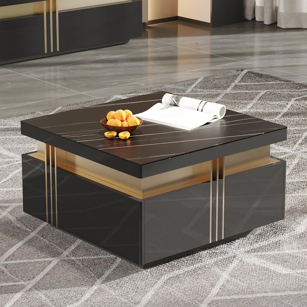 HMR Trimied Modern Square Storage Coffee Table Stone Top with 4 Wood Drawers - Black, 27.6"