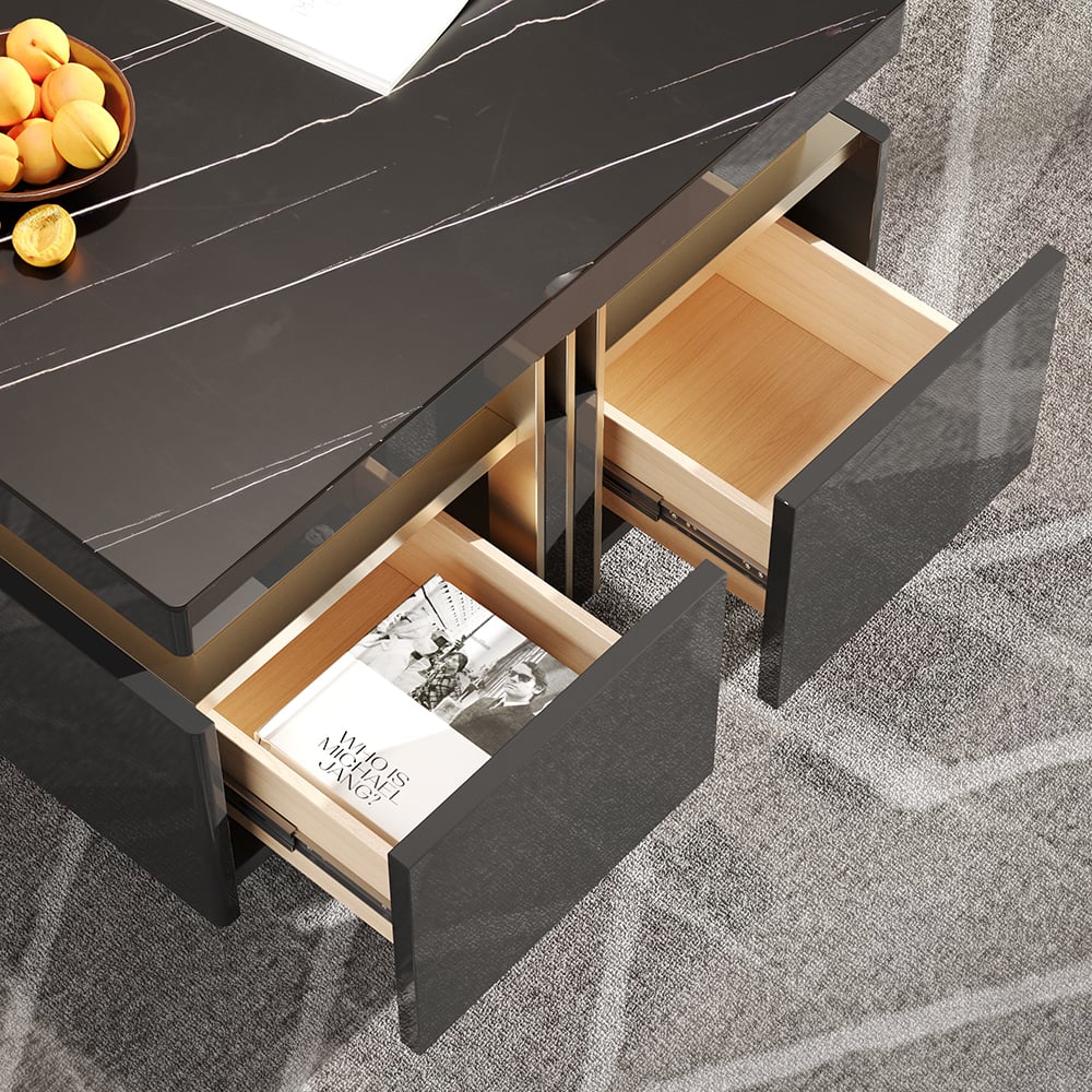 HMR Trimied Modern Square Storage Coffee Table Stone Top with 4 Wood Drawers - Black, 27.6"