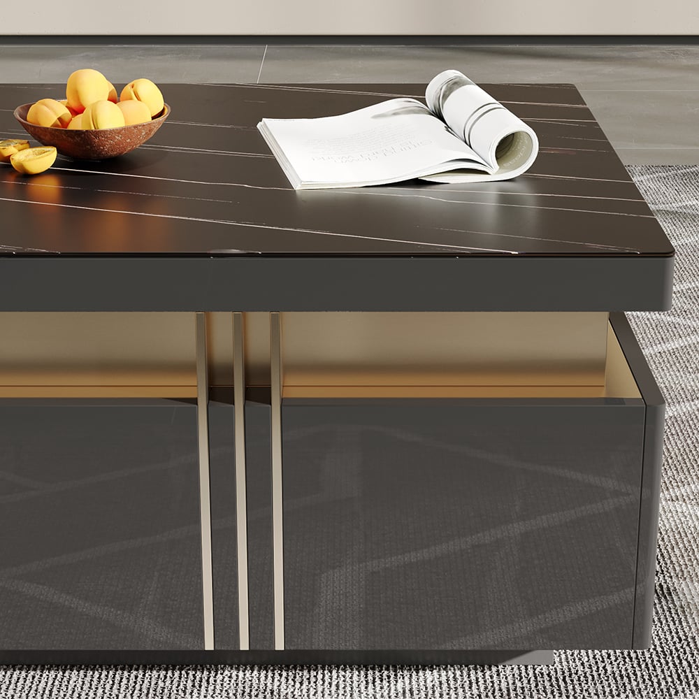 HMR Trimied Modern Square Storage Coffee Table Stone Top with 4 Wood Drawers - Black, 27.6"