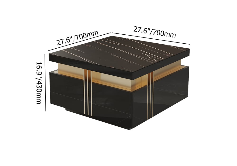 HMR Trimied Modern Square Storage Coffee Table Stone Top with 4 Wood Drawers - Black, 27.6"