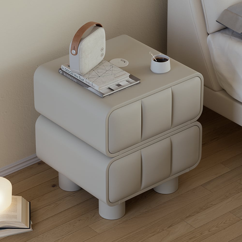 HMR - Modern Gray Smart Nightstand Leather Bedside Table with Wireless Charger & USB Port