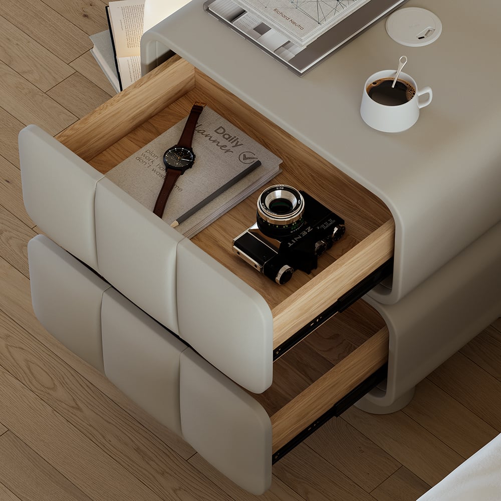 HMR - Modern Gray Smart Nightstand Leather Bedside Table with Wireless Charger & USB Port