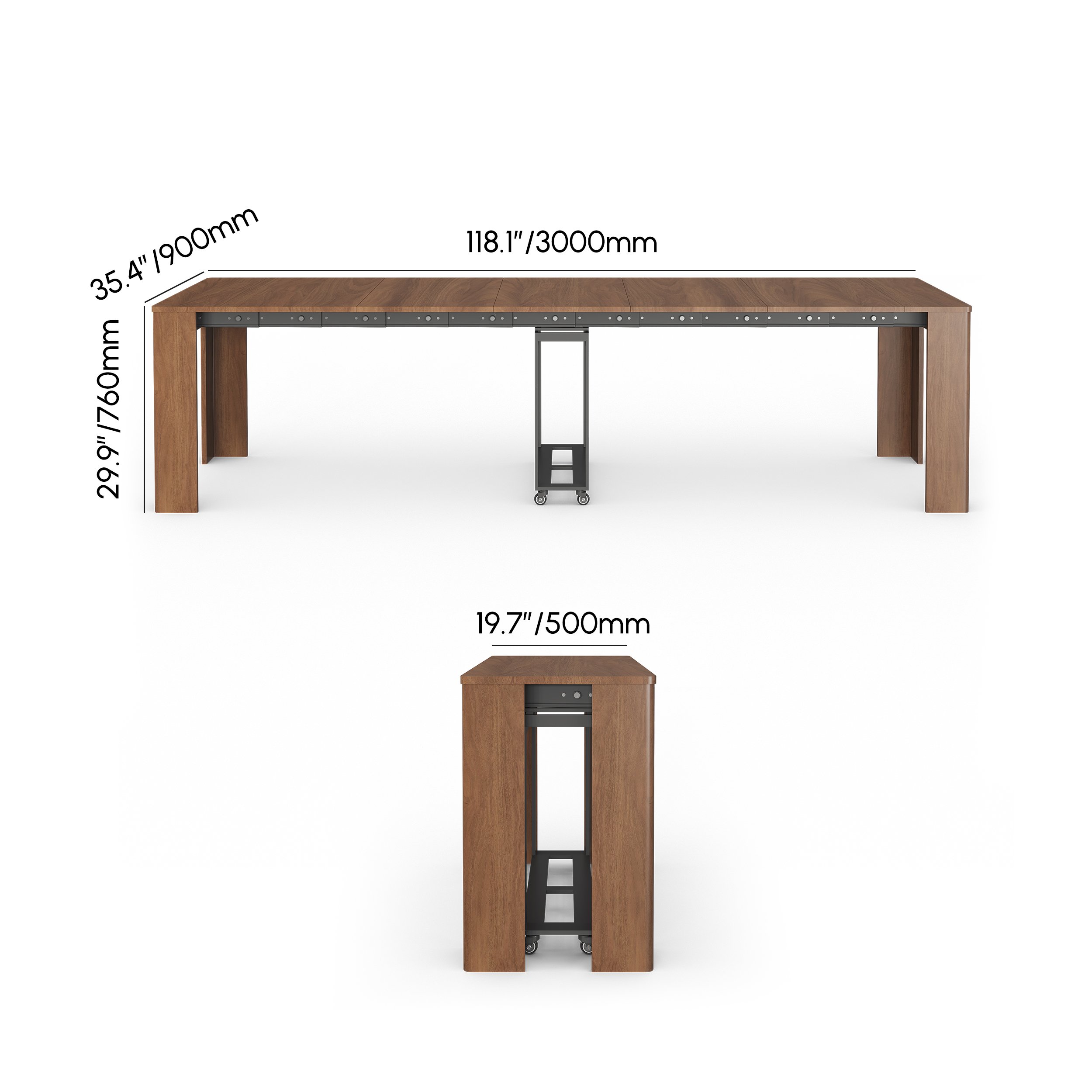 HMR - 20"-118" Country Rectangle Folding Rubber Wood Dining Table Walnut Seats 10-12