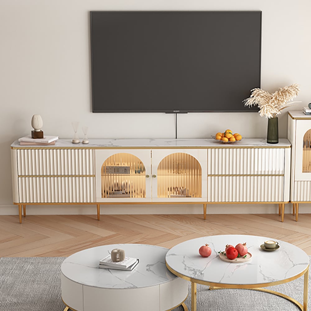 HMR - 80" White Glass Door Fluted Stone TV Stand Wood Media Cabinet for 85" TV with Drawers