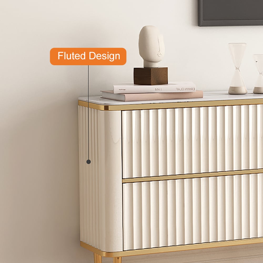 HMR - 80" White Glass Door Fluted Stone TV Stand Wood Media Cabinet for 85" TV with Drawers