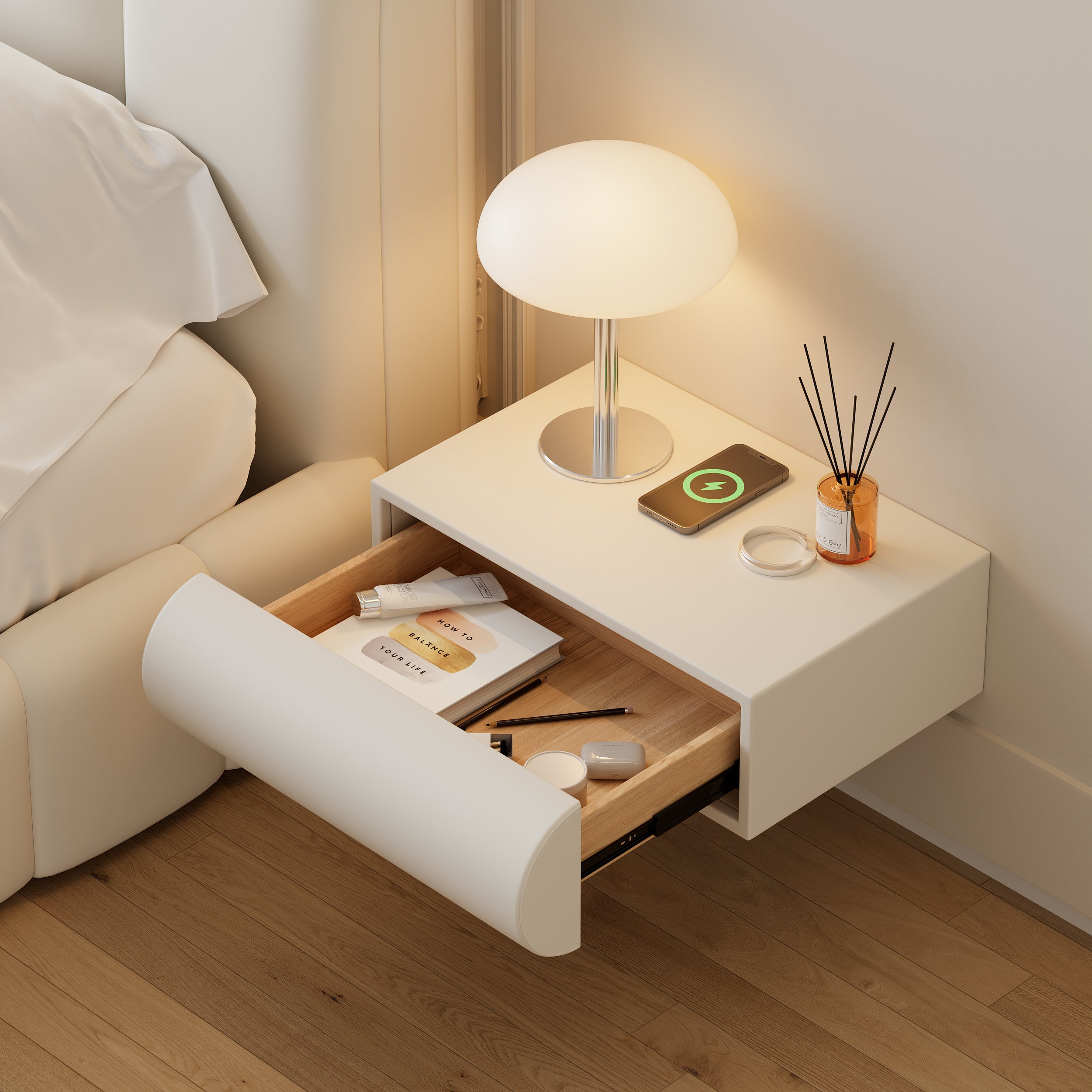 HMR Humply Modern Leather Smart Nightstand with Wireless Charger Drawers - White, 1-Drawer, Single