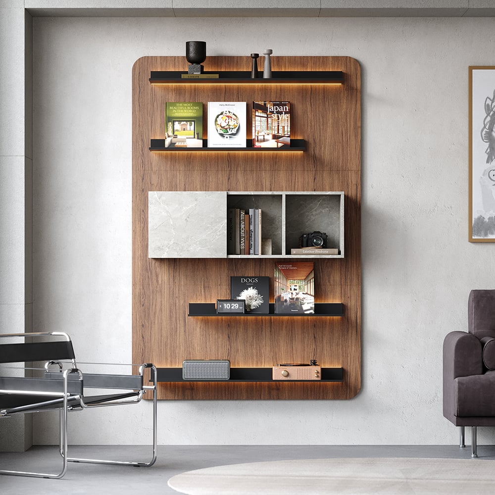 HMR - 5-Tier Modern Walnut Floating Bookshelf with Storage and LED Bookcase
