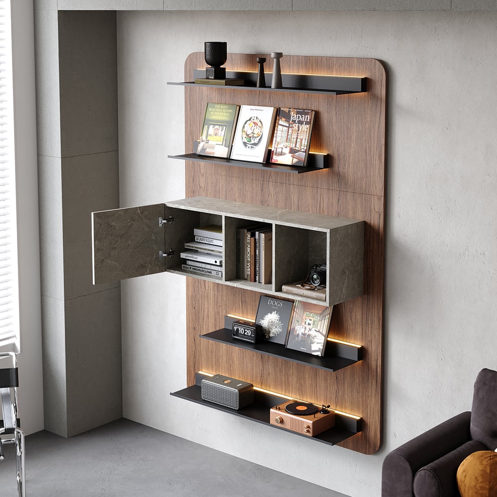 HMR - 5-Tier Modern Walnut Floating Bookshelf with Storage and LED Bookcase