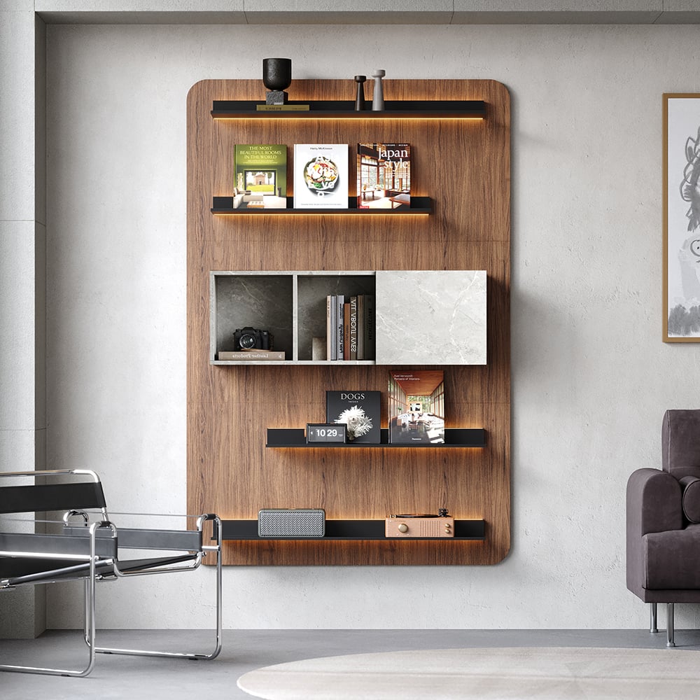 HMR - 5-Tier Modern Walnut Floating Bookshelf with Storage and LED Bookcase