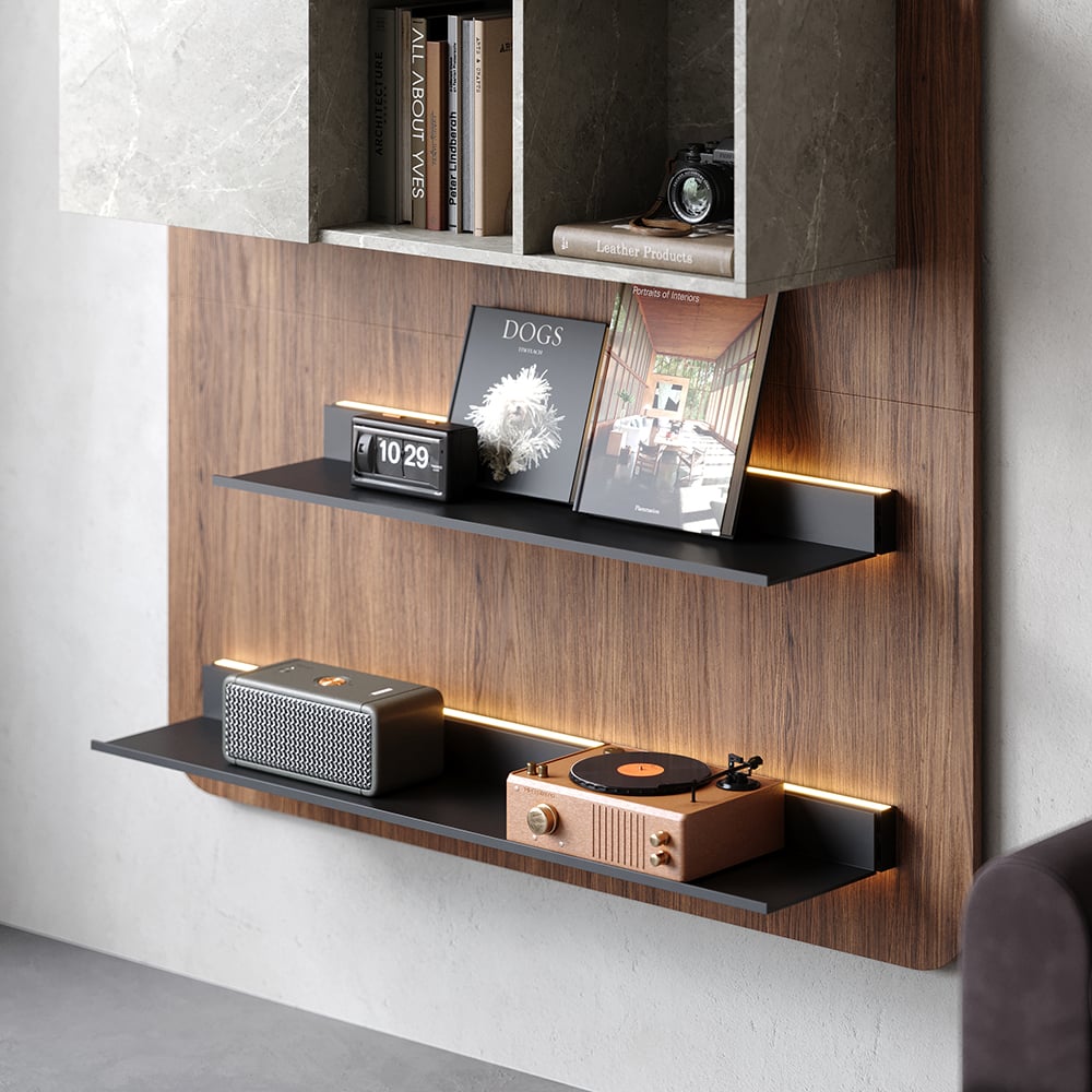 HMR - 5-Tier Modern Walnut Floating Bookshelf with Storage and LED Bookcase
