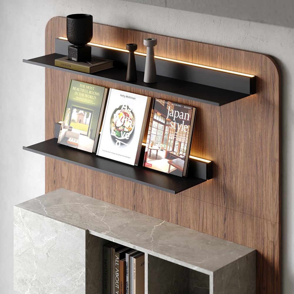 HMR - 5-Tier Modern Walnut Floating Bookshelf with Storage and LED Bookcase