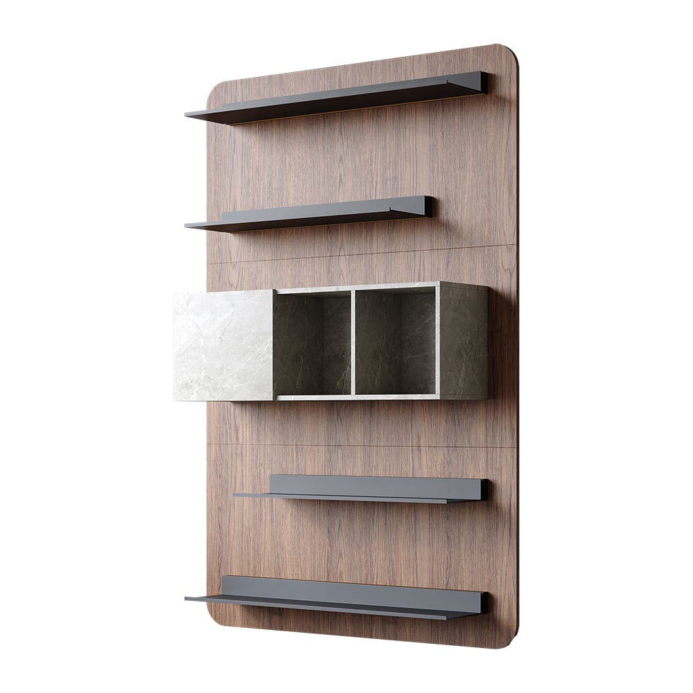 HMR - 5-Tier Modern Walnut Floating Bookshelf with Storage and LED Bookcase