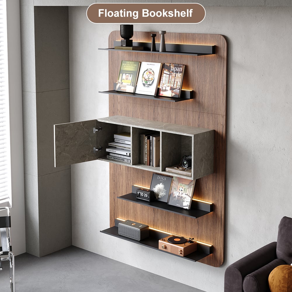 HMR - 5-Tier Modern Walnut Floating Bookshelf with Storage and LED Bookcase