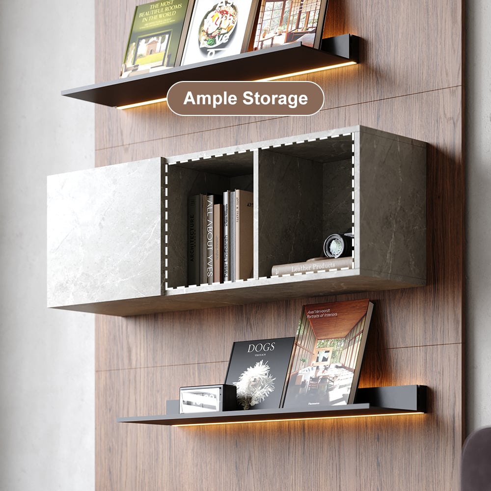 HMR - 5-Tier Modern Walnut Floating Bookshelf with Storage and LED Bookcase
