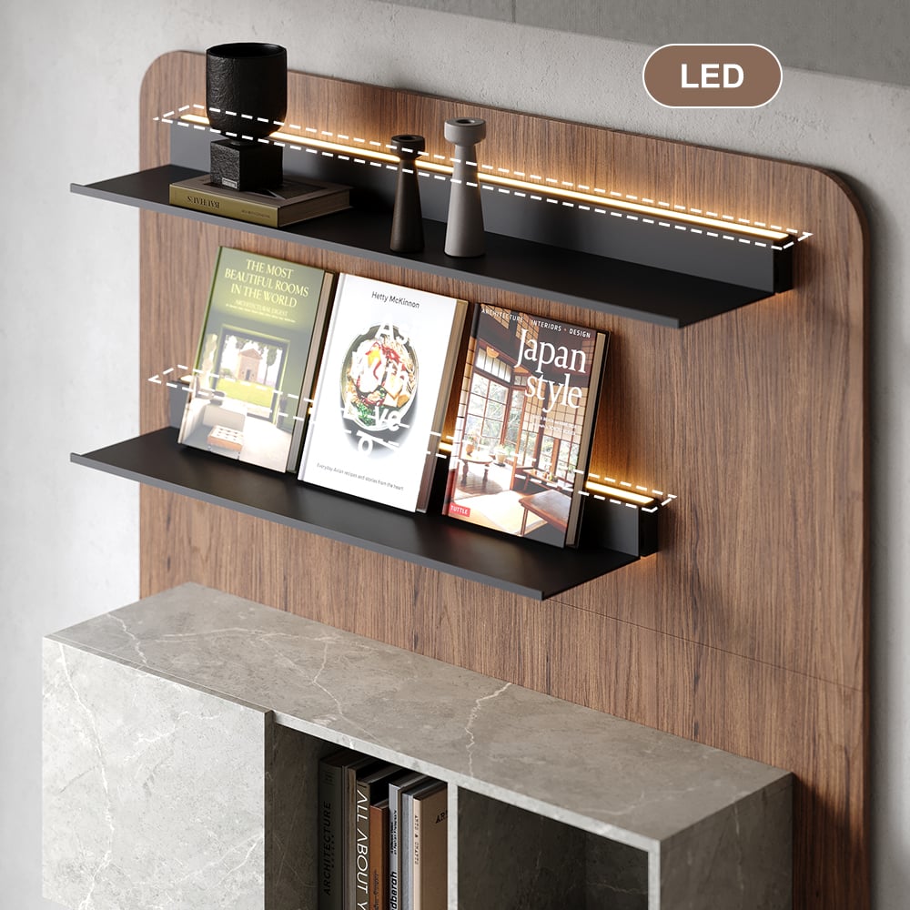 HMR - 5-Tier Modern Walnut Floating Bookshelf with Storage and LED Bookcase
