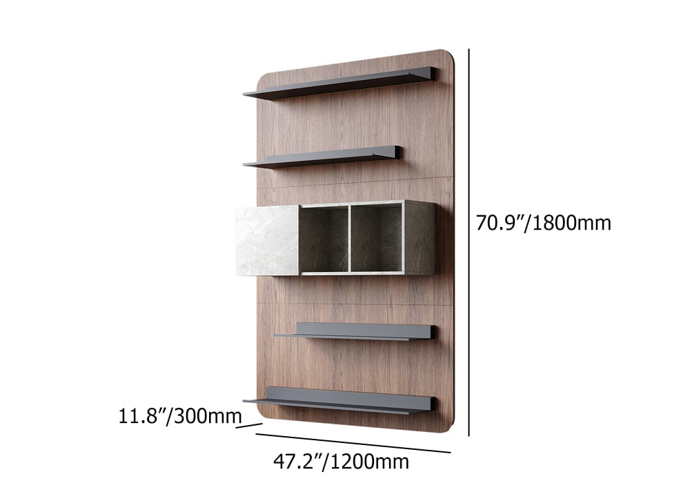 HMR - 5-Tier Modern Walnut Floating Bookshelf with Storage and LED Bookcase