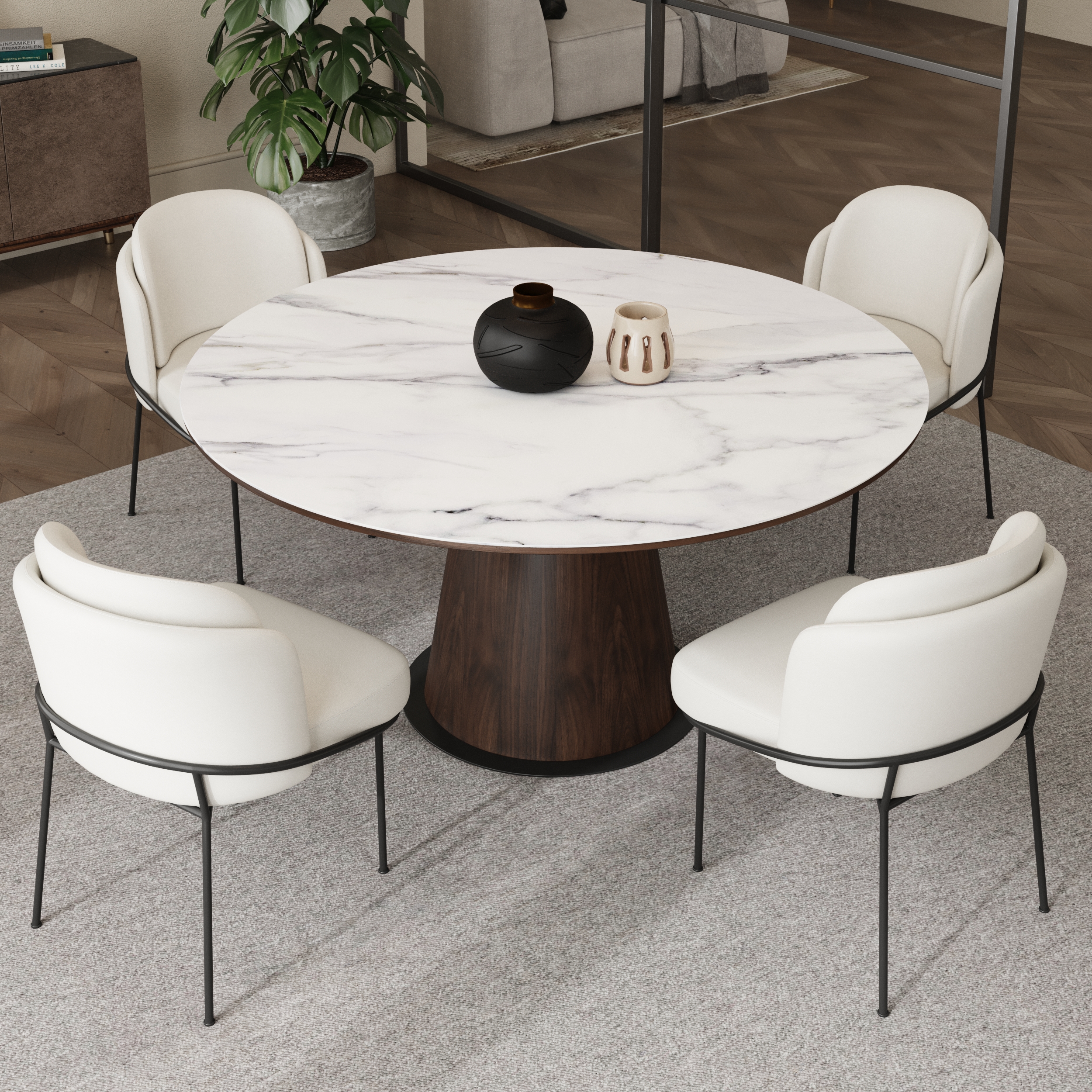 HMR Linenic Series Modern Dining Chairs with Linen Upholstery - White/Black, Set of 4