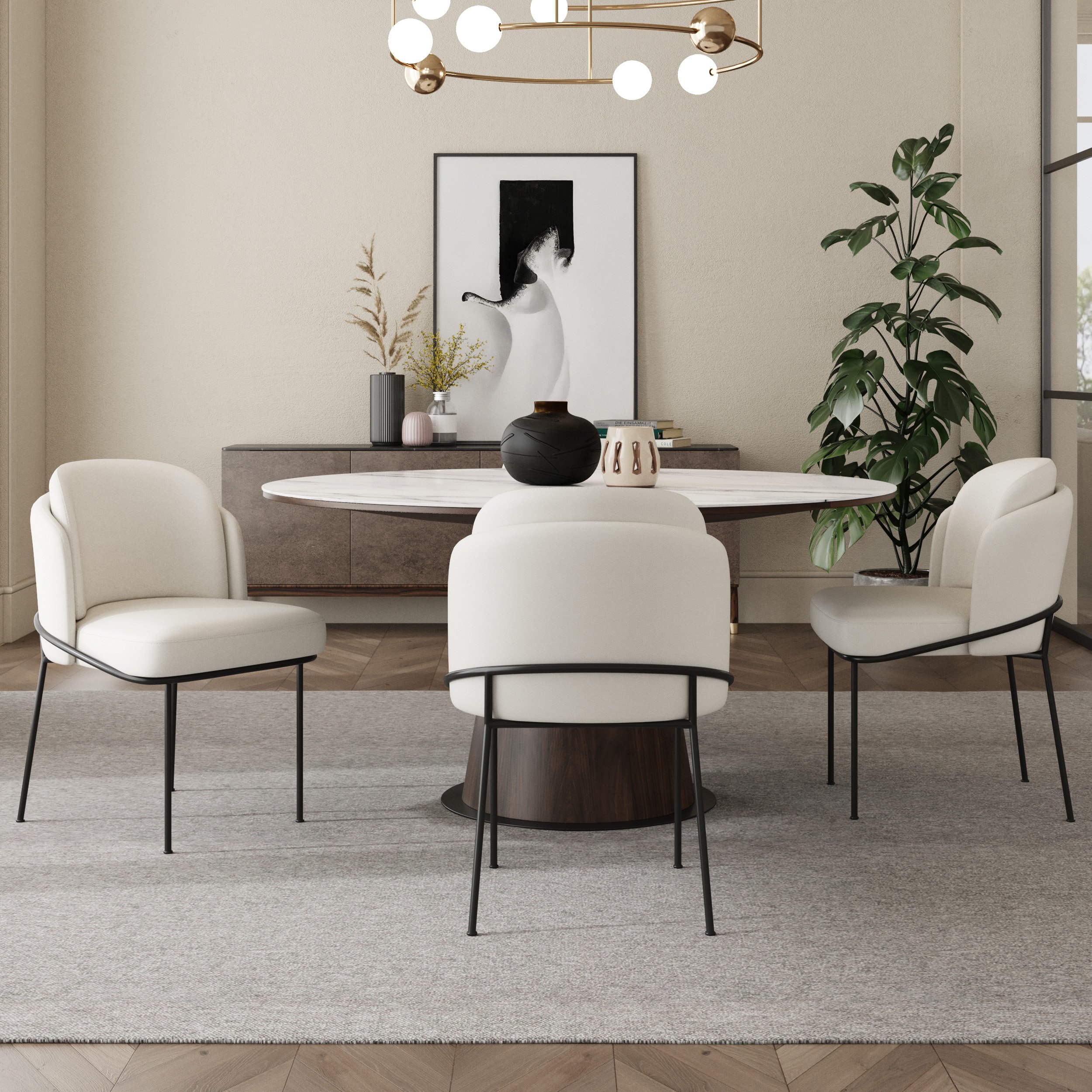 HMR Linenic Series Modern Dining Chairs with Linen Upholstery - White/Black, Set of 4