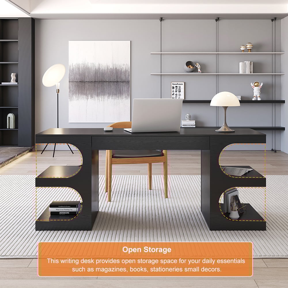 HMR 64.2" Modern Writing Desk Office Desk with 1 Drawer & 4 Open Shelves - Black