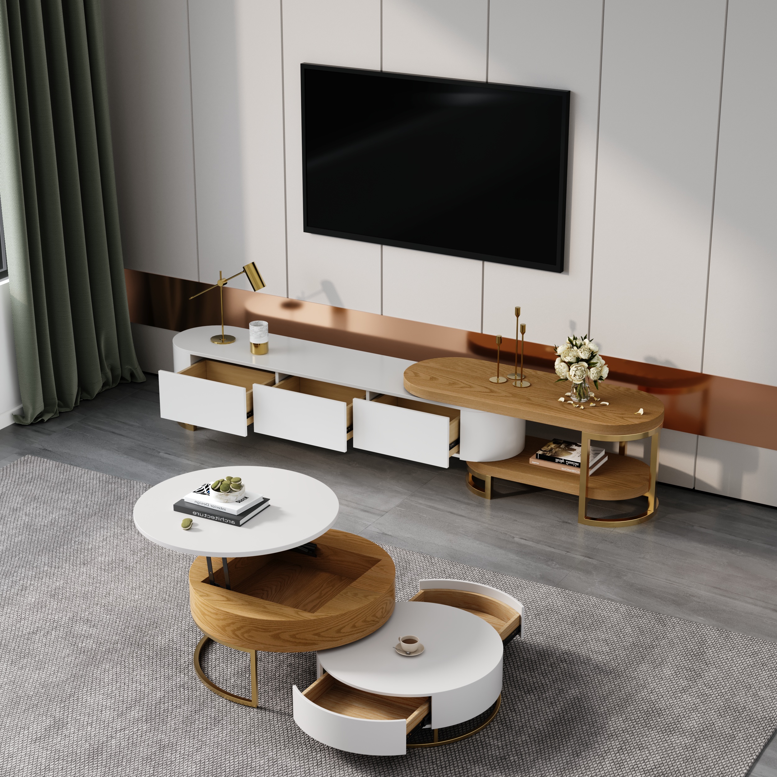 HMR - Nesnesis Extendable TV Stand & Lift-top Coffee Table Set